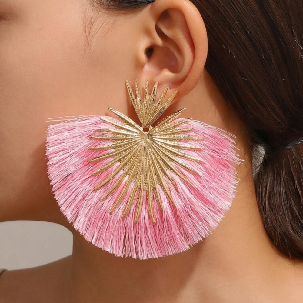 Fanned Out Fringe Earrings - Red - Picture 7 of 10